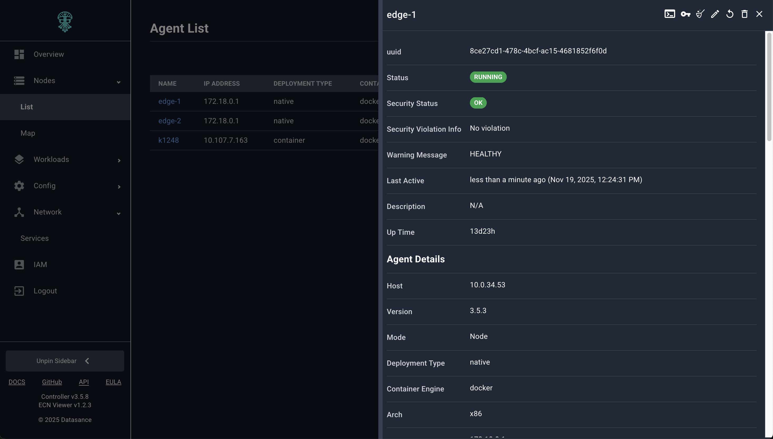 Agent slide-over showing runtime metrics