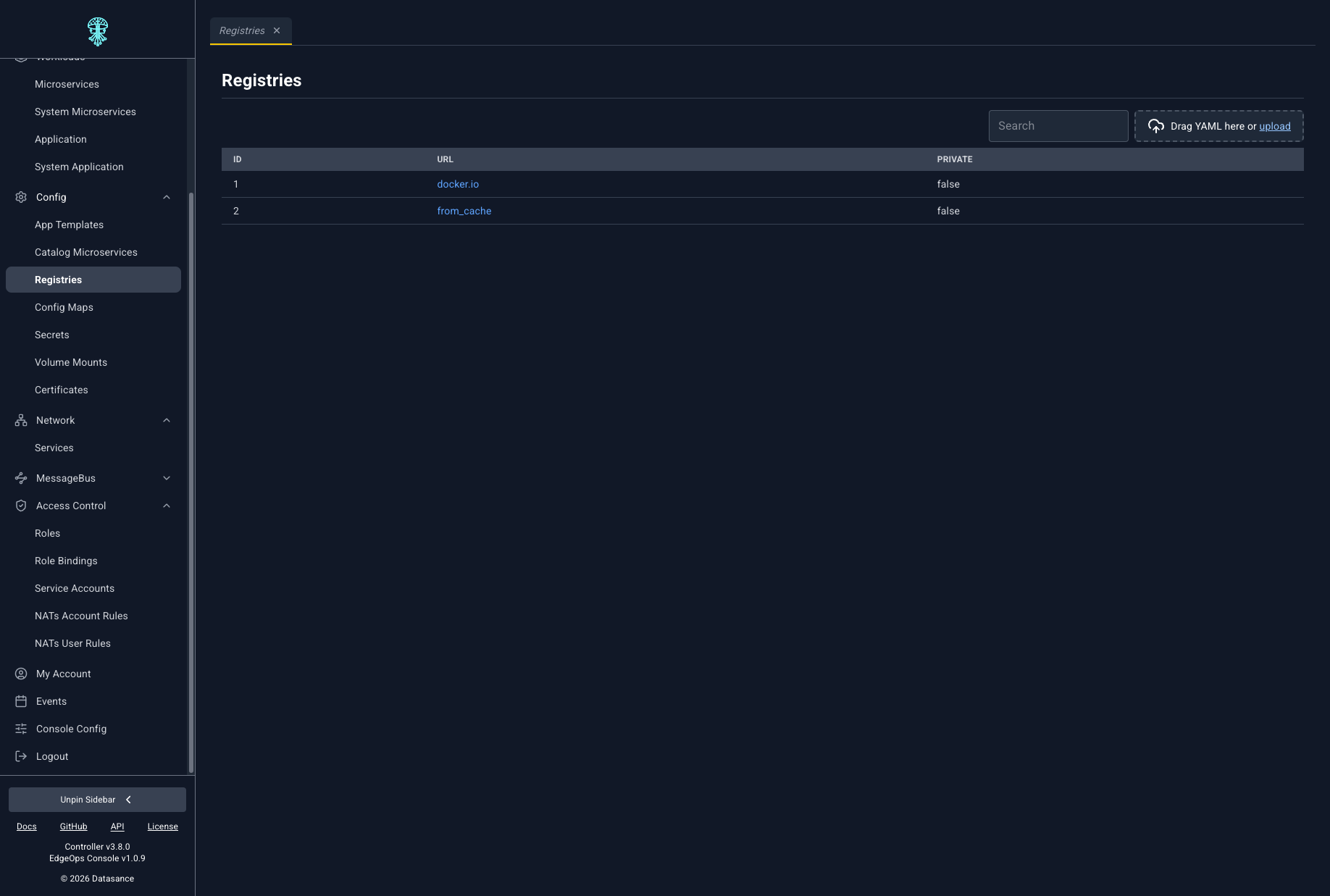 Registry management panel