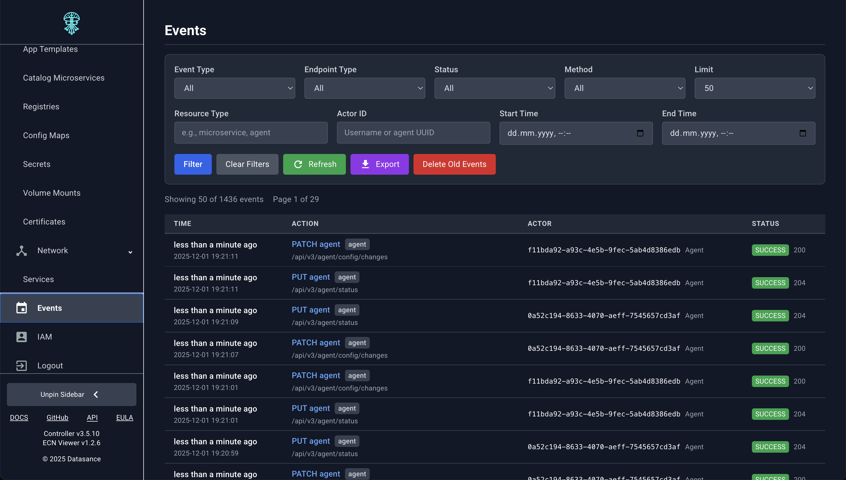 Events log with comprehensive filtering and audit trail