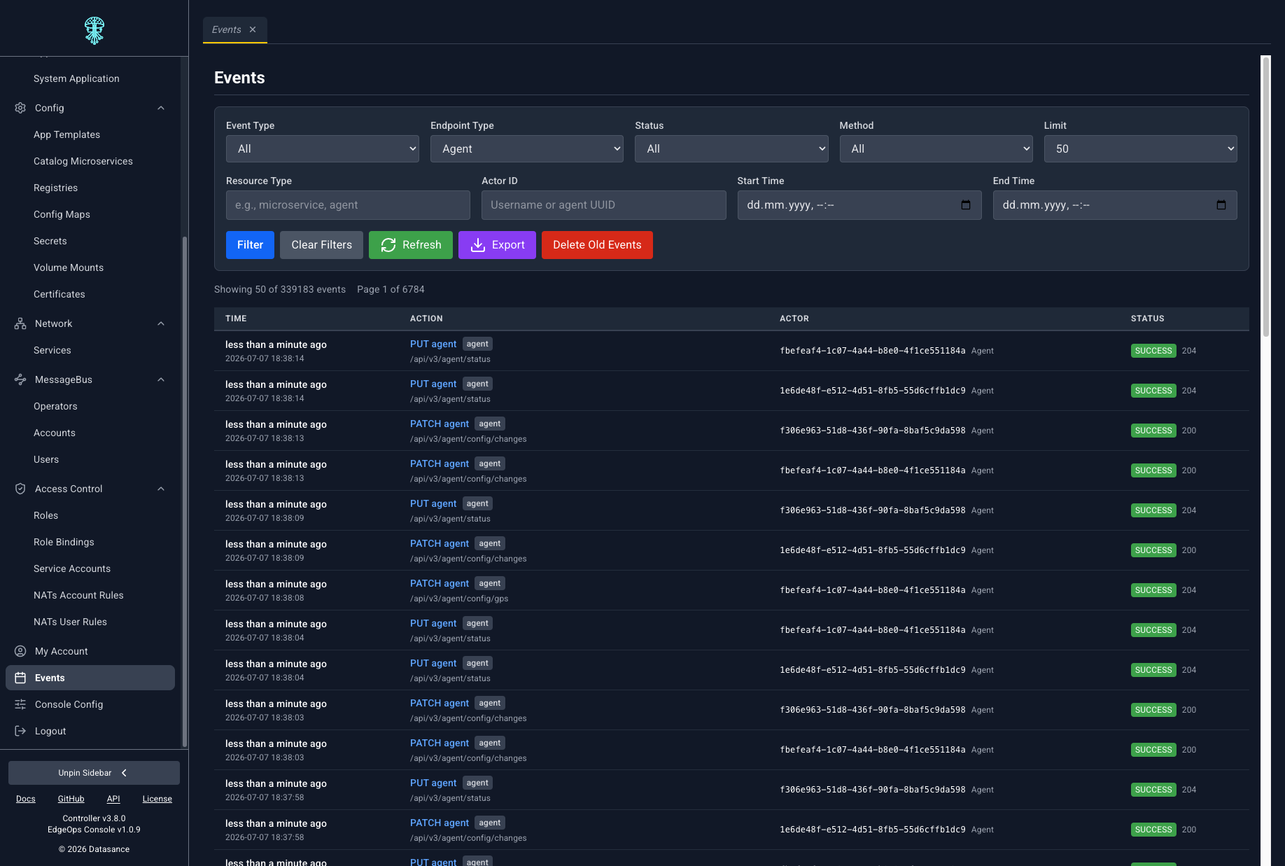 Events log with filtering and audit trail
