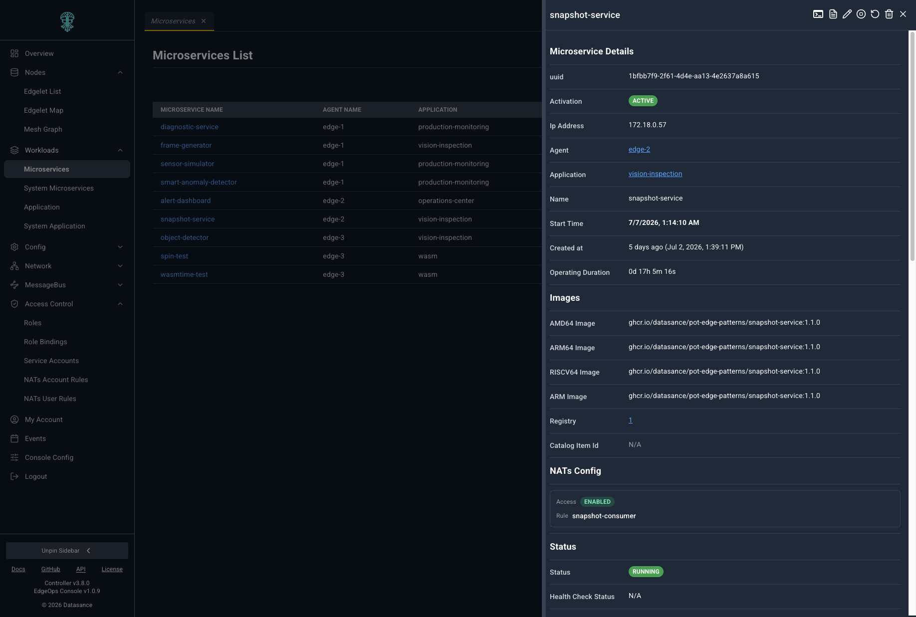 Microservice slide-over with runtime details and NATS config