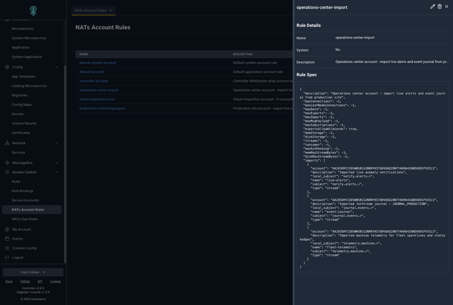 NATs account rules with import and export spec