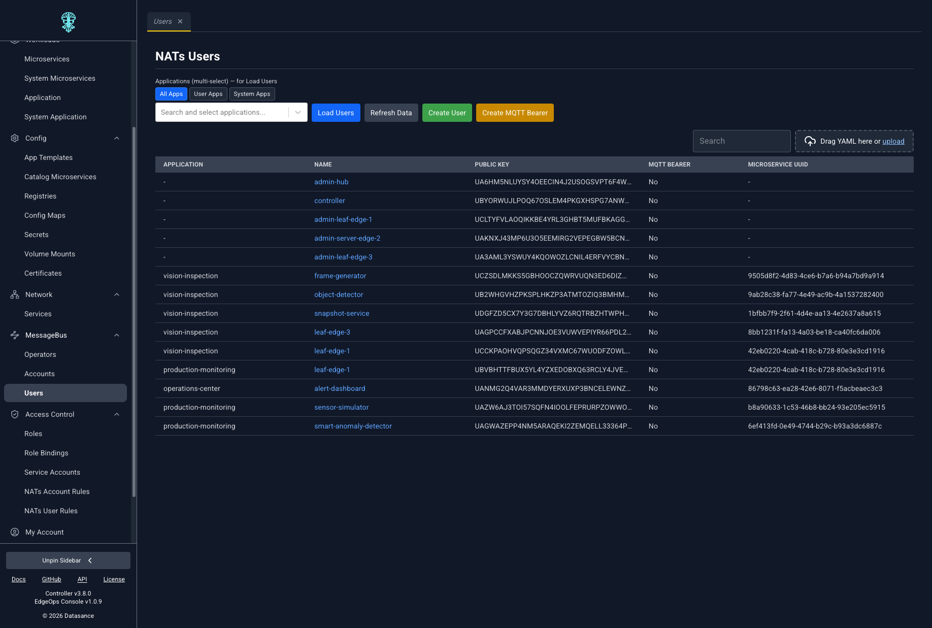 NATs users with application and microservice bindings
