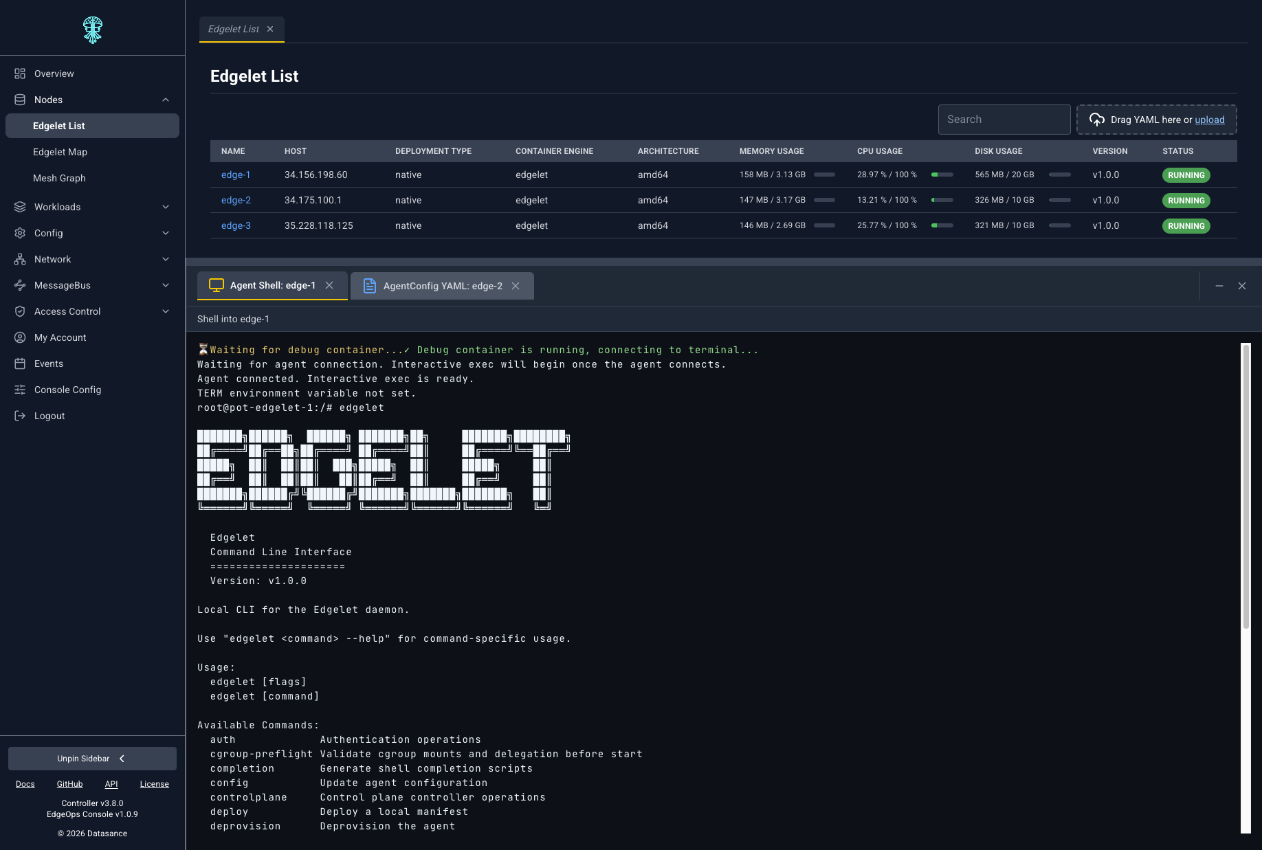 Browser-based shell session on an Edgelet node