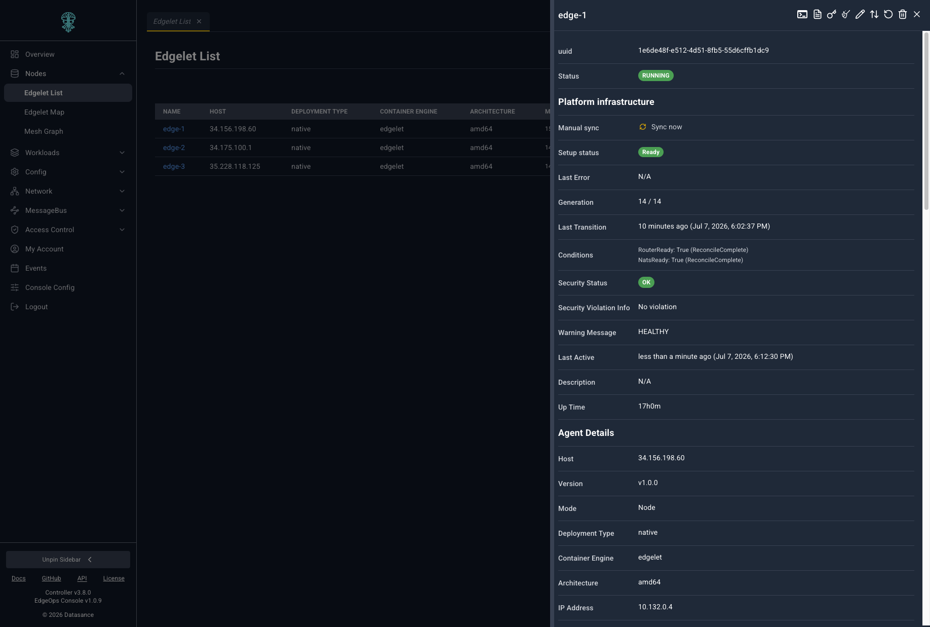 Edgelet node slide-over with platform and agent details