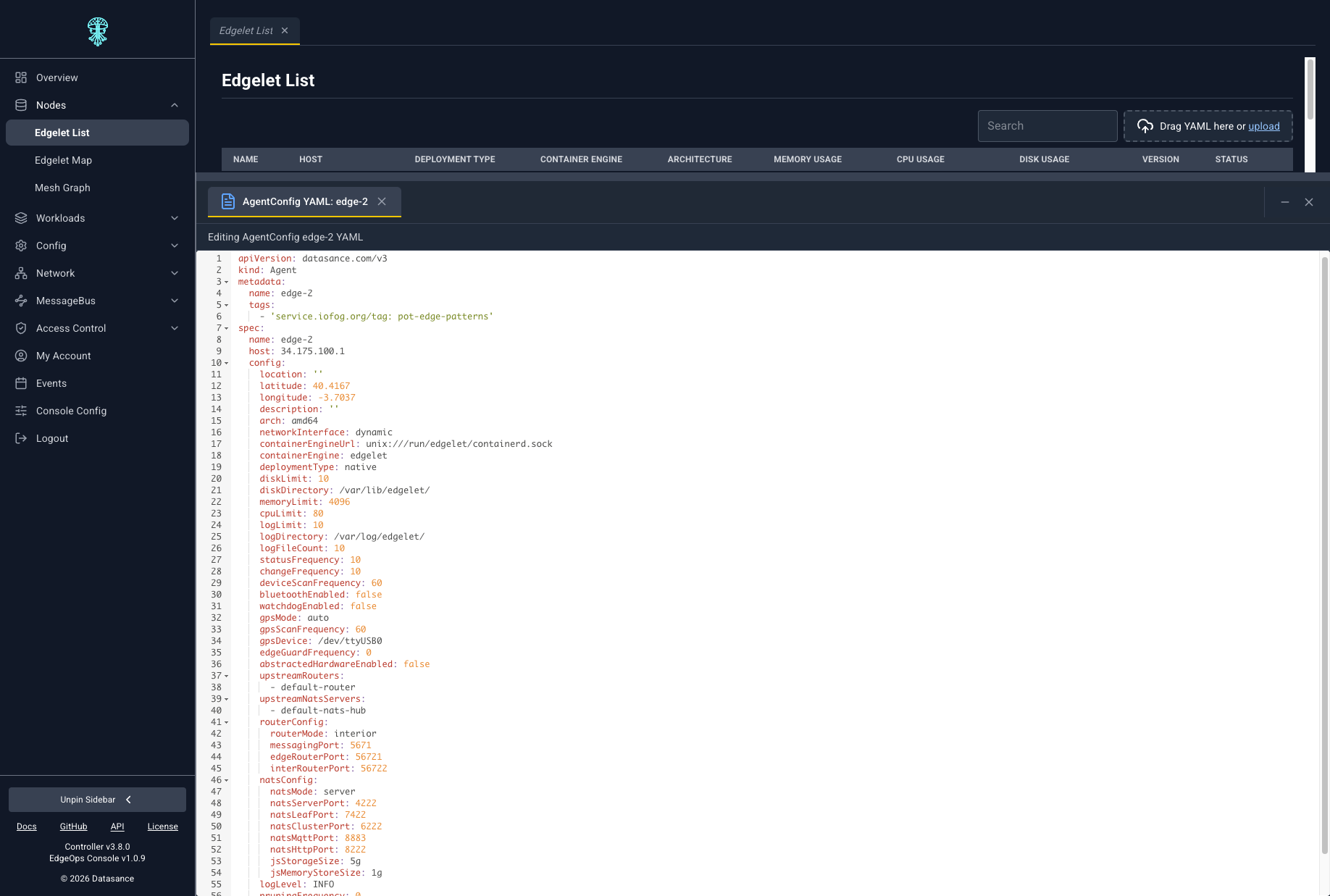 Inline YAML editor for Edgelet node configuration