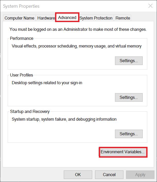 System Properties Advanced tab with Environment Variables button