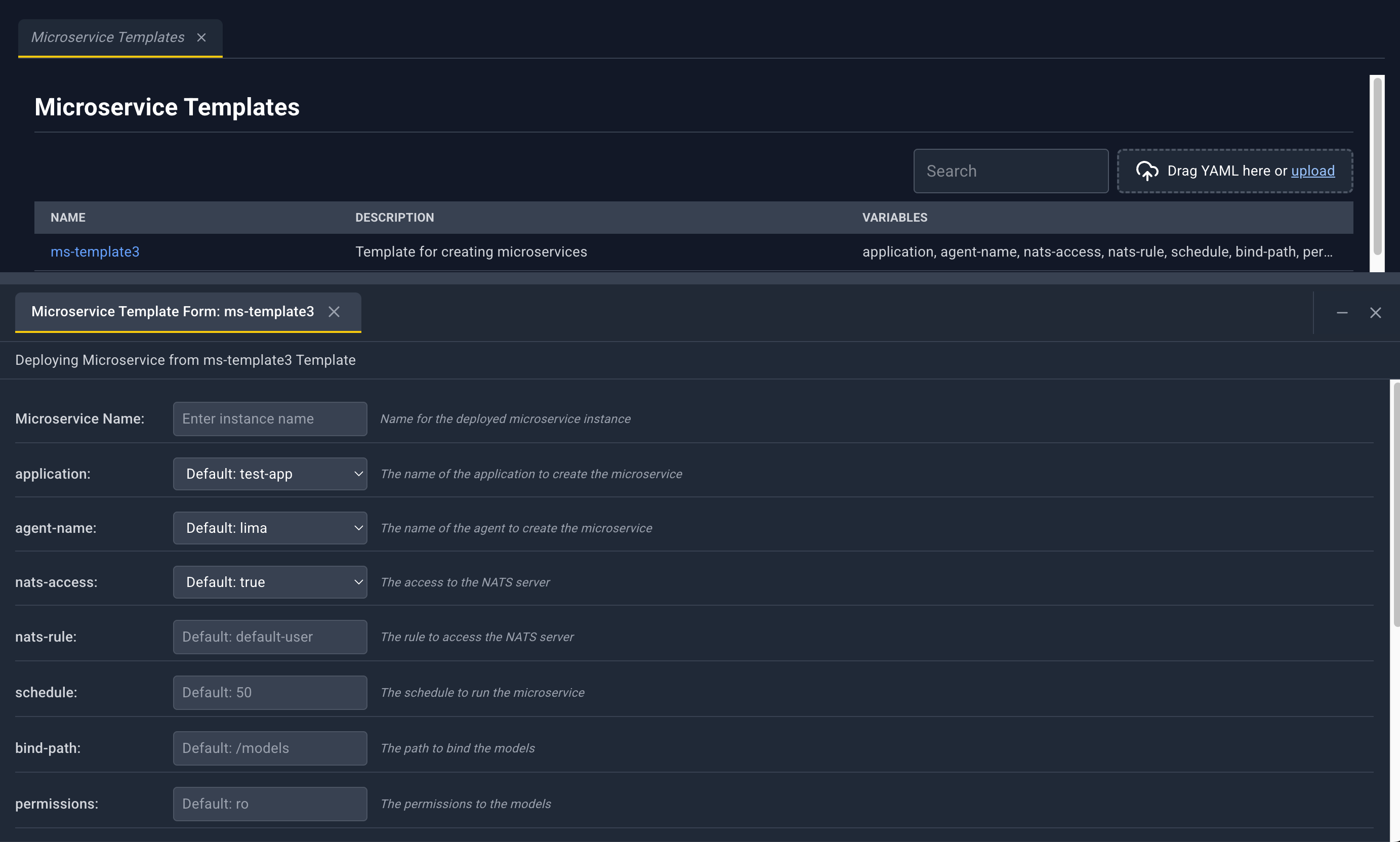 Microservice deploy form