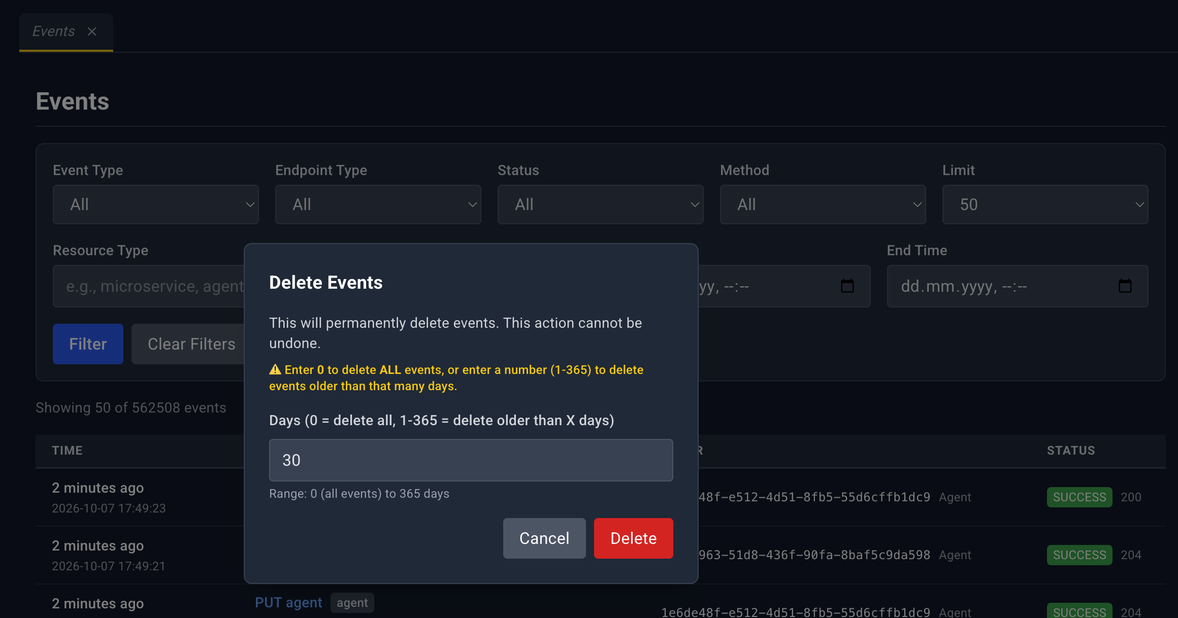 Delete events