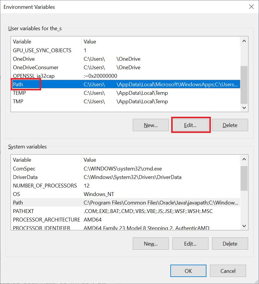 Environment Variables dialog with Path selected under User variables
