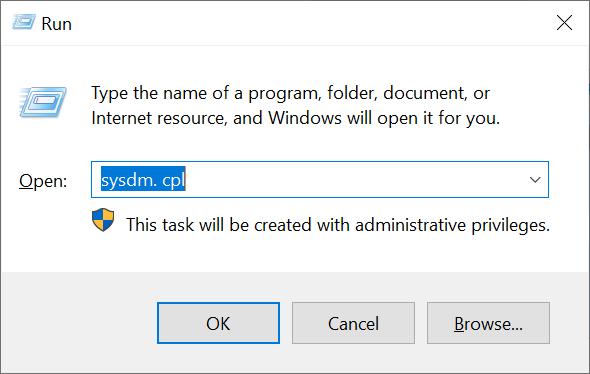 Windows Run dialog with sysdm.cpl